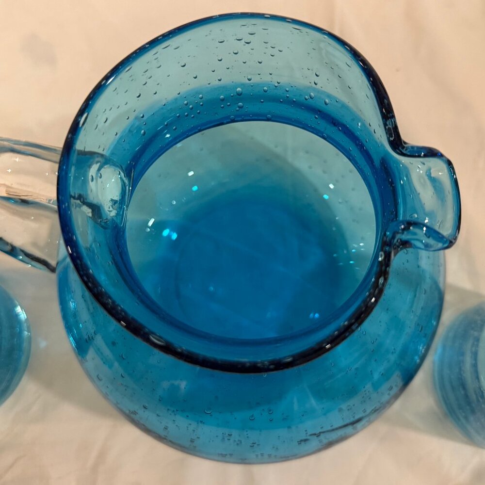 Artland Iris 90oz Handblown Glass Pitcher Turquoise w/ 4 Double Old Fashioned - Picture 4 of 12
